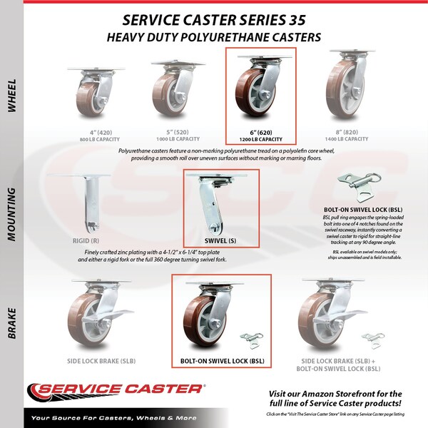 6 Inch Polyurethane Caster Set With Roller Bearing 4 Swivel Lock And 2 Brake SCC